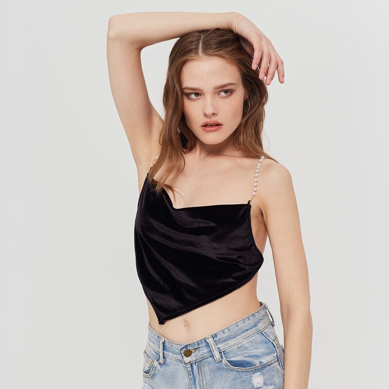 

Draped Front Pearls Chain Crisscross Backless Velvet Cami Top, Black
