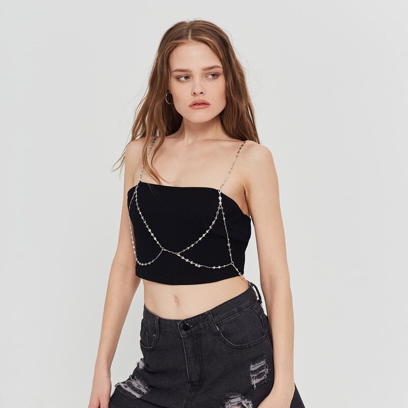 

Rhinestone Chain Detail Cami Top, Black