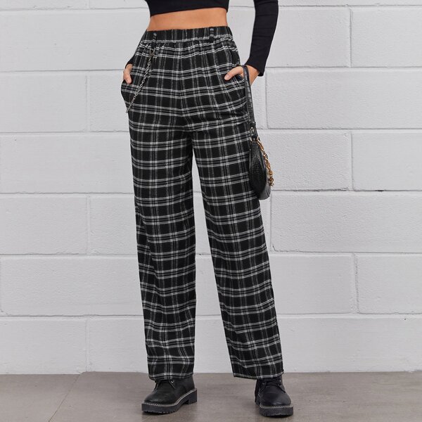 

Slant Pocket Plaid Pants With Chain, Black and white