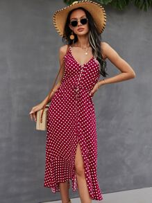SHEIN VCAY Button Through Drawstring Waist Polka Dot Cami Dress - Burgundy - View 1