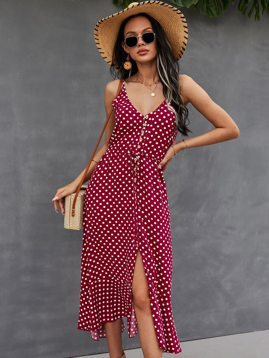 SHEIN VCAY Button Through Drawstring Waist Polka Dot Cami Dress - Burgundy - View 1