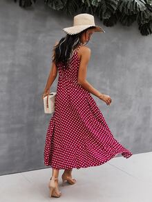 SHEIN VCAY Button Through Drawstring Waist Polka Dot Cami Dress - Burgundy - View 2