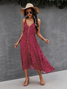 SHEIN VCAY Button Through Drawstring Waist Polka Dot Cami Dress - Burgundy - View 3