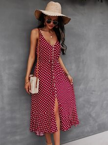 SHEIN VCAY Button Through Drawstring Waist Polka Dot Cami Dress - Burgundy - View 5