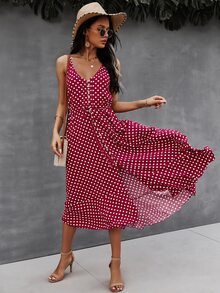 SHEIN VCAY Button Through Drawstring Waist Polka Dot Cami Dress - Burgundy - View 6