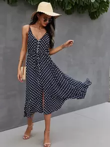 SHEIN Holidaya 紐扣門襟抽繩腰波卡圓點吊帶連衣裙 - 藏蓝色 - 查看 3