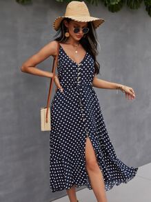 SHEIN Holidaya 紐扣門襟抽繩腰波卡圓點吊帶連衣裙 - 藏蓝色 - 查看 5