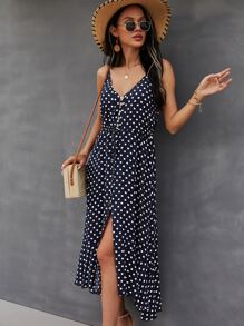SHEIN Holidaya 紐扣門襟抽繩腰波卡圓點吊帶連衣裙 - 藏蓝色 - 查看 6