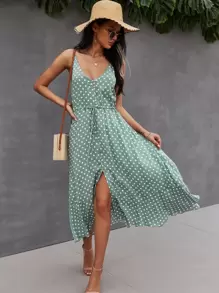 Breezaya Button Through Drawstring Waist Polka Dot Cami Dress - Mint Green - View 1