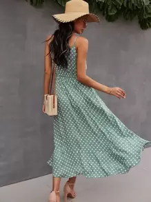 Breezaya Button Through Drawstring Waist Polka Dot Cami Dress - Mint Green - View 2