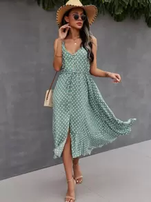 Breezaya Button Through Drawstring Waist Polka Dot Cami Dress - Mint Green - View 3