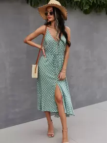 Breezaya Button Through Drawstring Waist Polka Dot Cami Dress - Mint Green - View 4