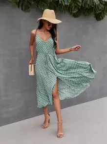 Breezaya Button Through Drawstring Waist Polka Dot Cami Dress - Mint Green - View 5