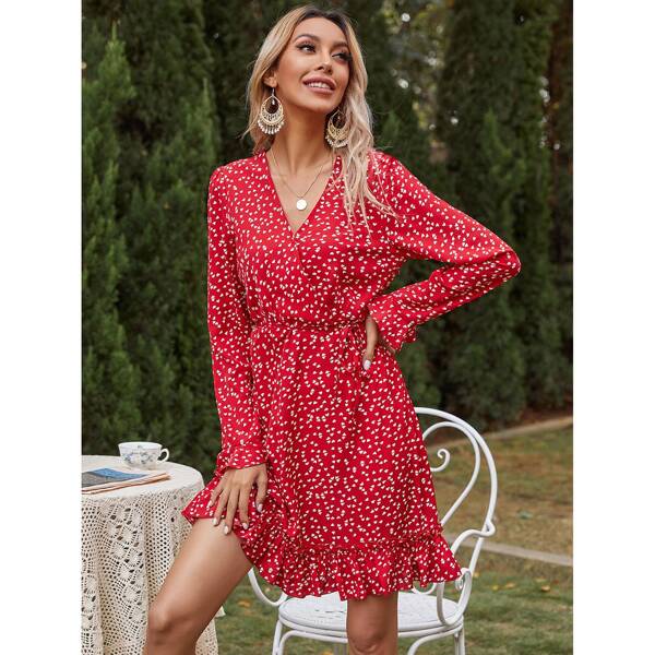 

Confetti Heart Print Surplice Front Ruffle Hem Belted Dress, Rose red