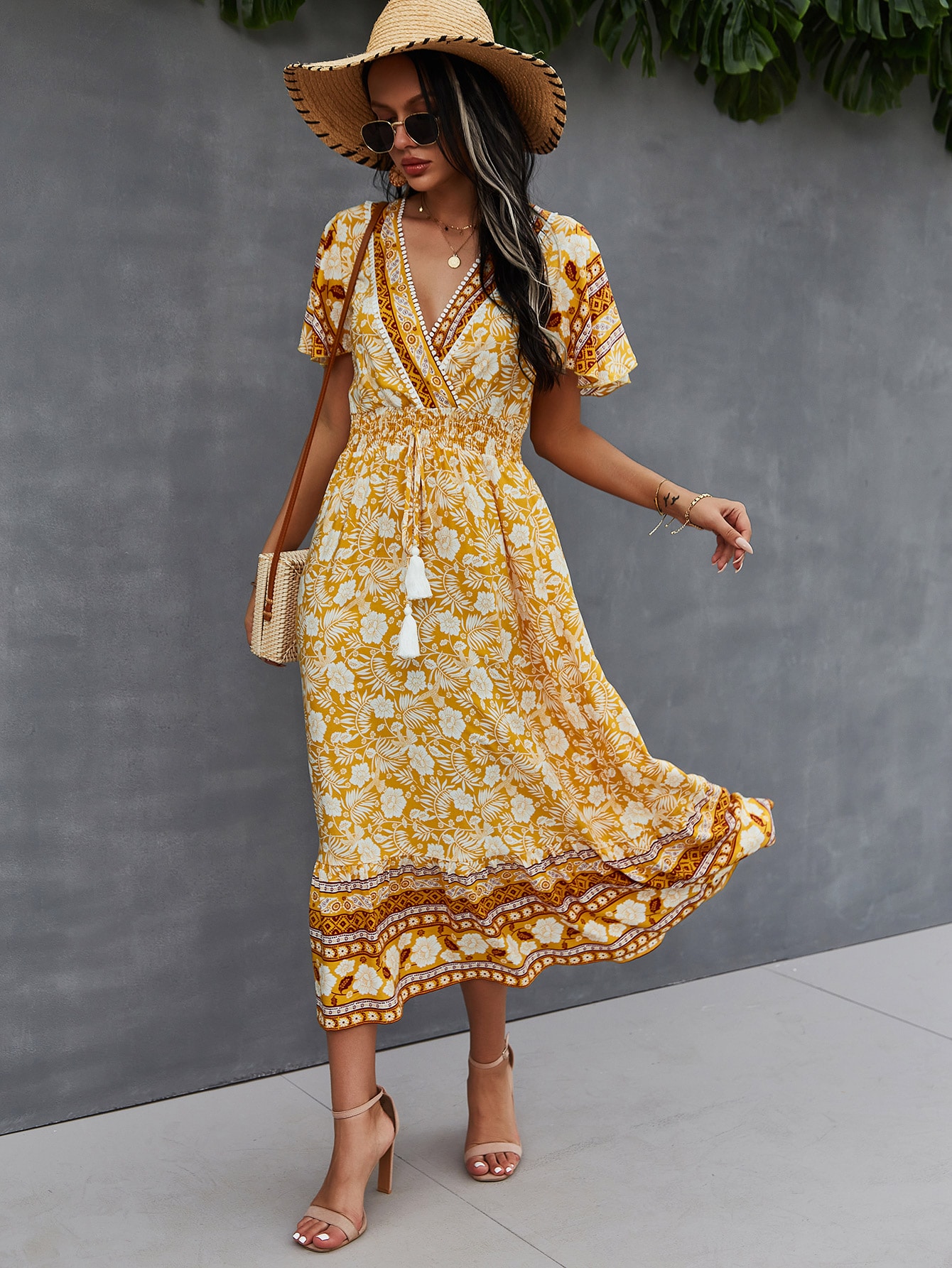 Floral Print Surplice Front Tassel Shirred Dress | SHEIN USA