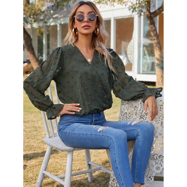 

Swiss Dot Flounce Sleeve Blouse, Dark green