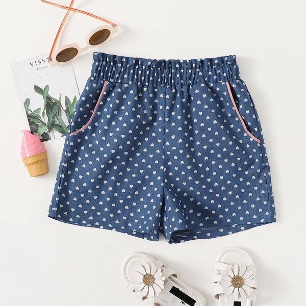 

Toddler Girls Paperbag Waist Binding Trim Heart Shorts, Blue