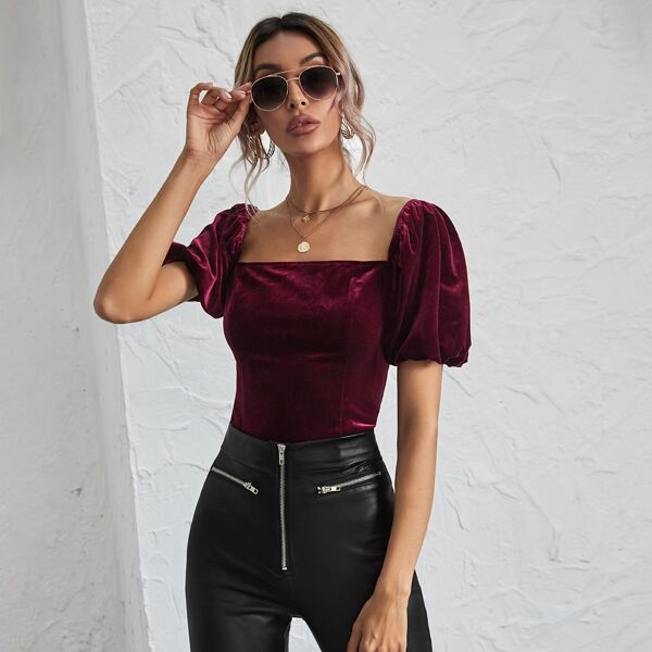 

Square Neck Puff Sleeve Velvet Top, Maroon