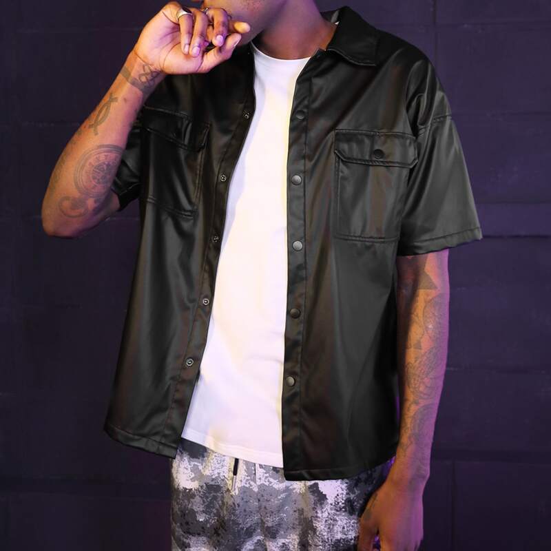 

Guys Flap Pocket Front PU Leather Shirt, Black