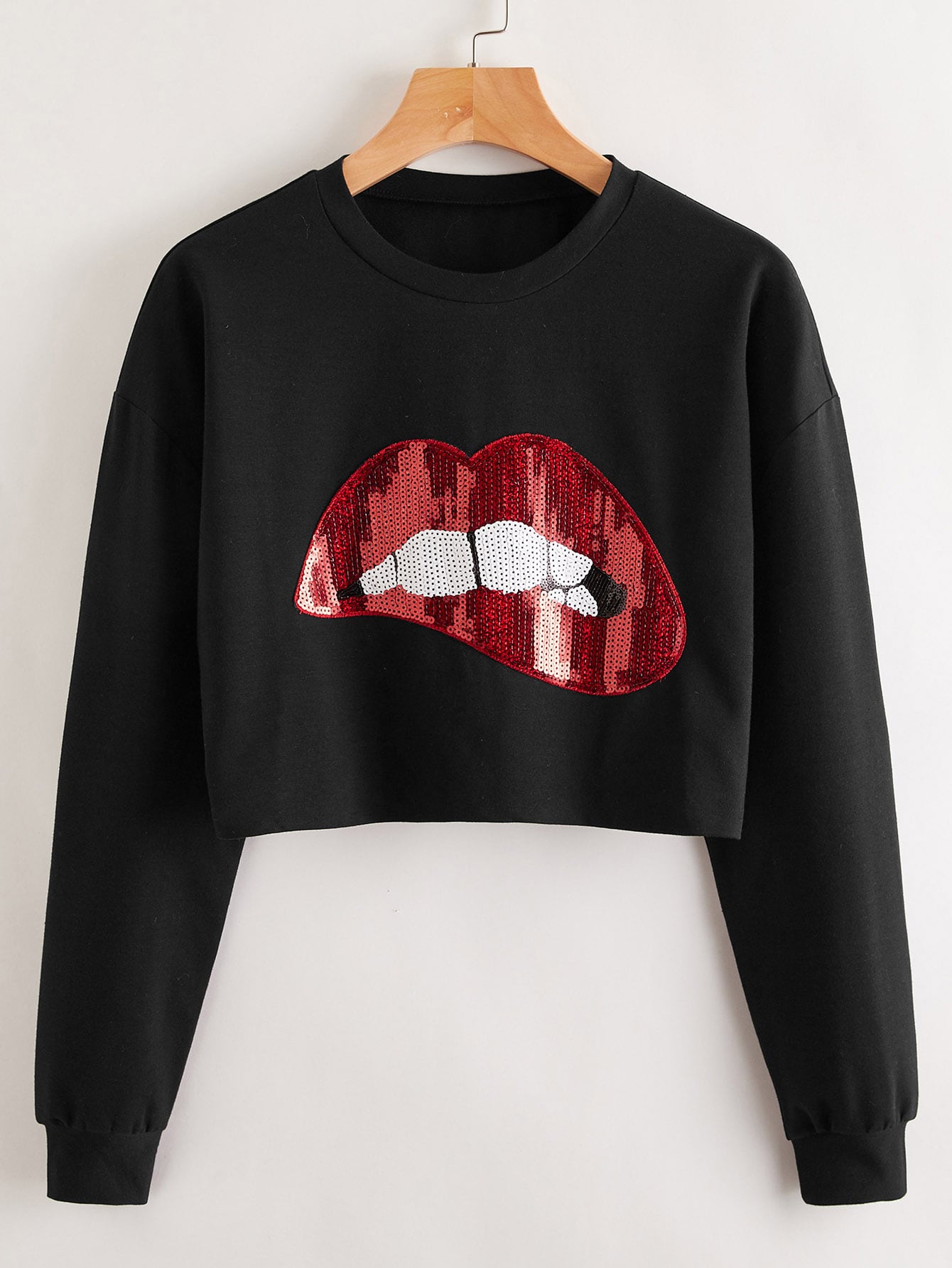 Drop Shoulder Sequin Mouth Crop Pullover thumbnail