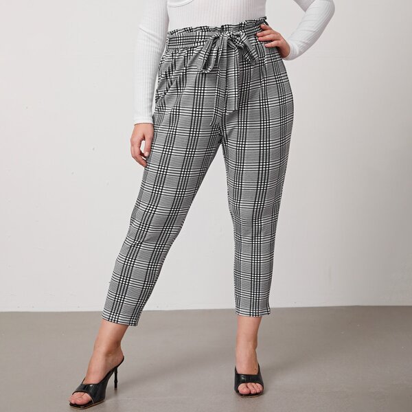 

Plus Paperbag Waist Belted Plaid Pants, Black and white