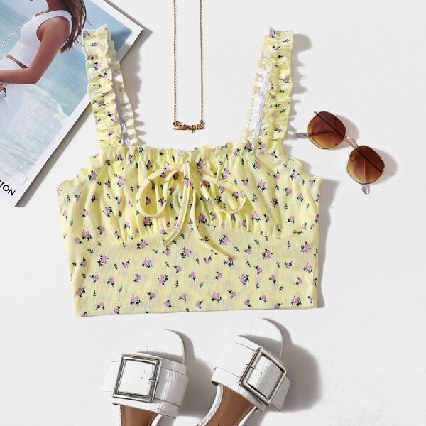 

Ruched Bust Frill Trim Ditsy Floral Crop Top, Yellow