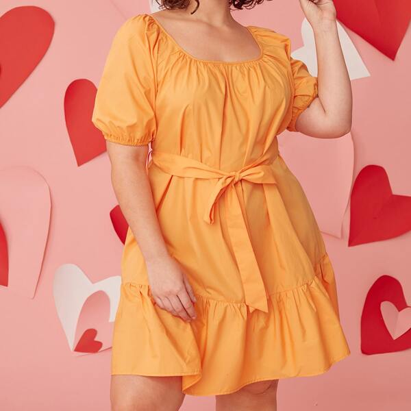 

Plus Puff Sleeve Ruffle Hem Belted Dress, Orange