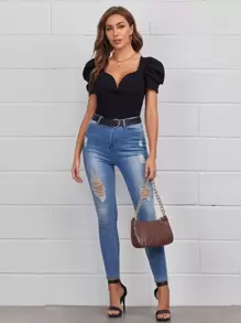 SHEIN Privé Sweetheart Neck Puff Sleeve Rib-knit Tee - Black - View 3