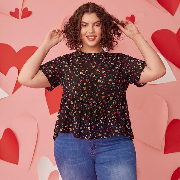 

Plus Allover Heart Print Peplum Top, Black