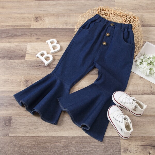 

Toddler Girls Button Front Flare Leg Jeans, Dark wash