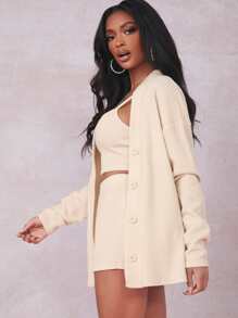 SHEIN SXY Rib-knit Crop Cami Top With Coat & Shorts Set - Beige - View 3