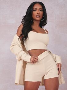 SHEIN SXY Rib-knit Crop Cami Top With Coat & Shorts Set - Beige - View 4