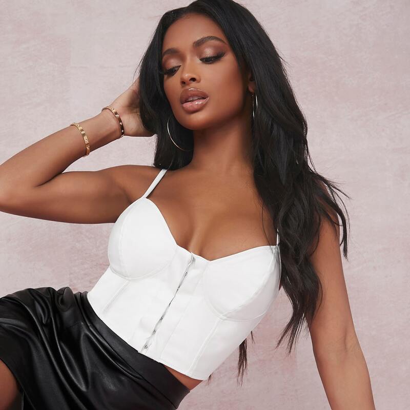 

Hook and Eye Placket PU Leather Bustier Cami Top, White