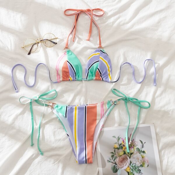 

Striped Triangle Tie Side Bikini Swimsuit, Multicolor