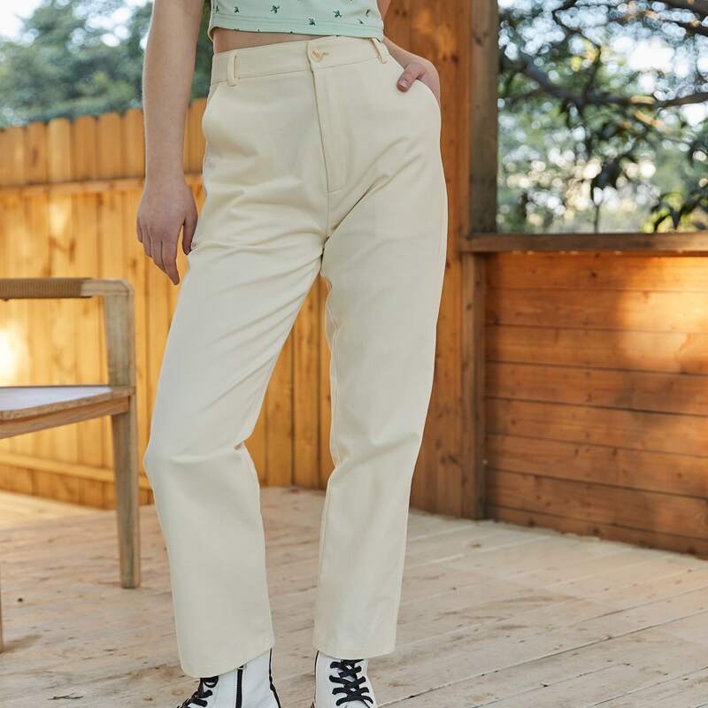 

Solid Straight Leg Pants, Beige