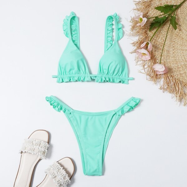 

Frill Trim Triangle Bikini Swimsuit, Mint green