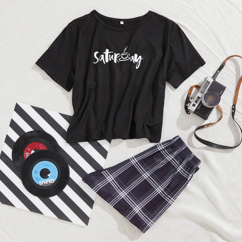 

Letter And Plaid Print PJ Set, Black