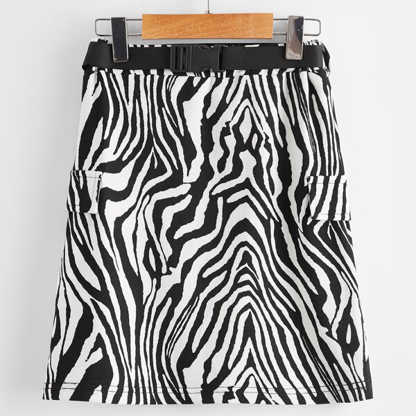 

Girls Zebra Striped Skirt & Buckle Tape Belt, Black and white