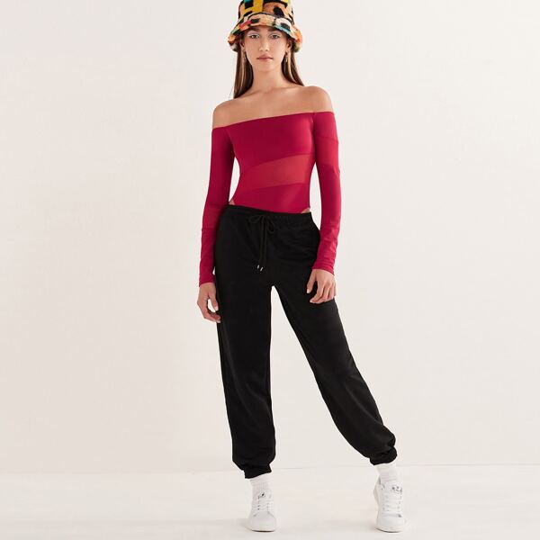 

Off Shoulder Mesh Insert Bodysuit, Rose red