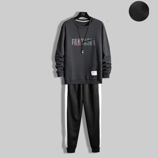 

Men Letter Graphic Thermal Sweatshirt & Contrast Panel Sweatpants, Dark grey