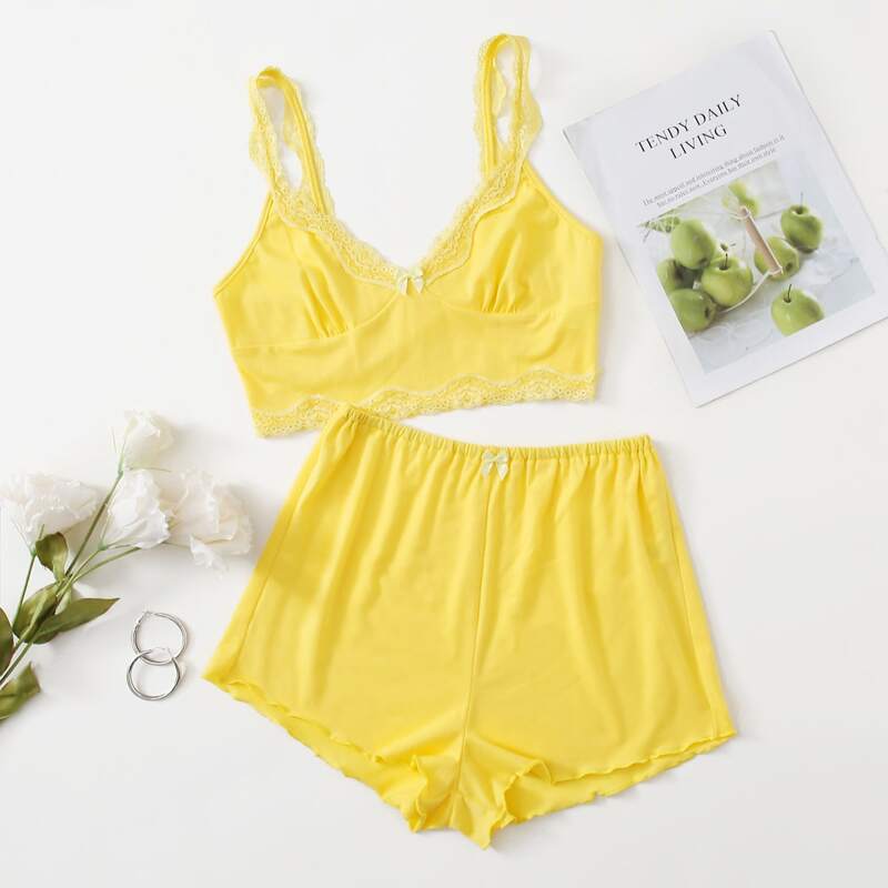 

Lace Trim Bow Shorts PJ Set, Yellow