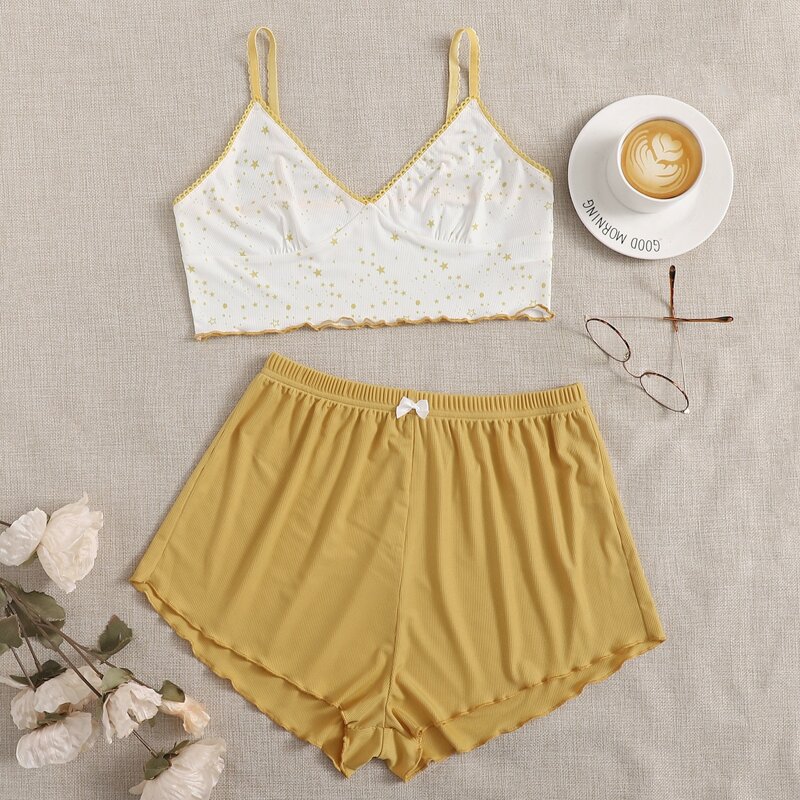 

Star Print Shorts PJ Set, Mustard yellow