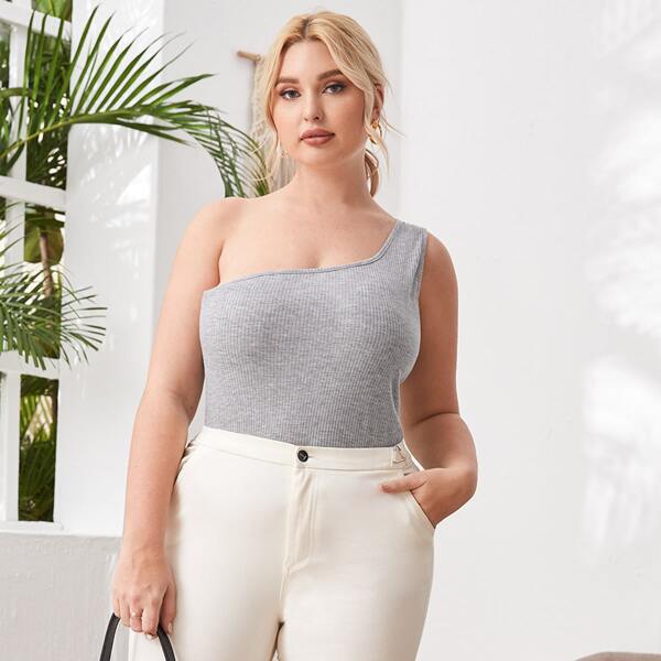 

Plus One Shoulder Rib-knit Top, Light grey