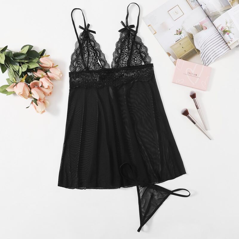 

Solid Mesh Lingerie Set, Black
