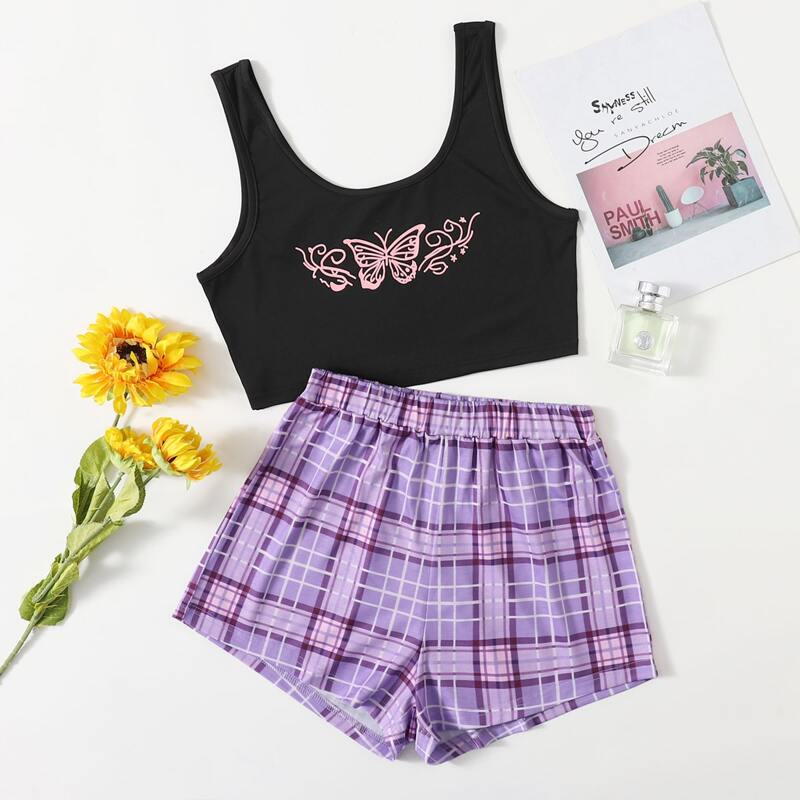 

Butterfly Plaid Shorts PJ Set, Multicolor