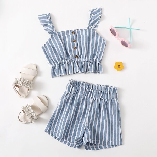 

Toddler Girls Ruffle Hem Stripe Cami Top & Paperbag Shorts, Blue and white