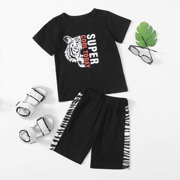 

Toddler Boys Letter And Tiger Print Tee & Shorts, Black