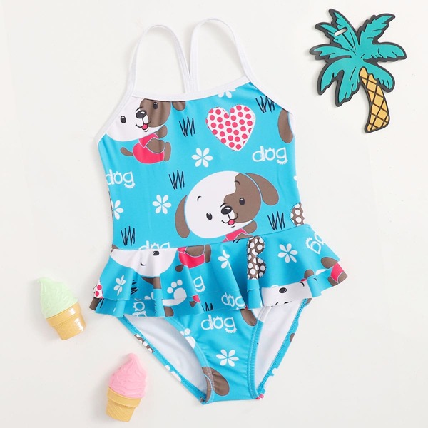 

Toddler Girls Cartoon Dog Ruffle One Piece Swimsuit, Blue