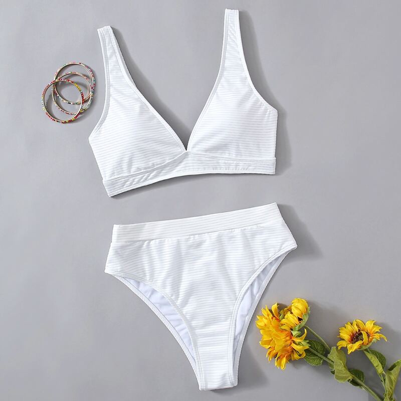 

Stripe High Waist Bikini Swimsuit, White