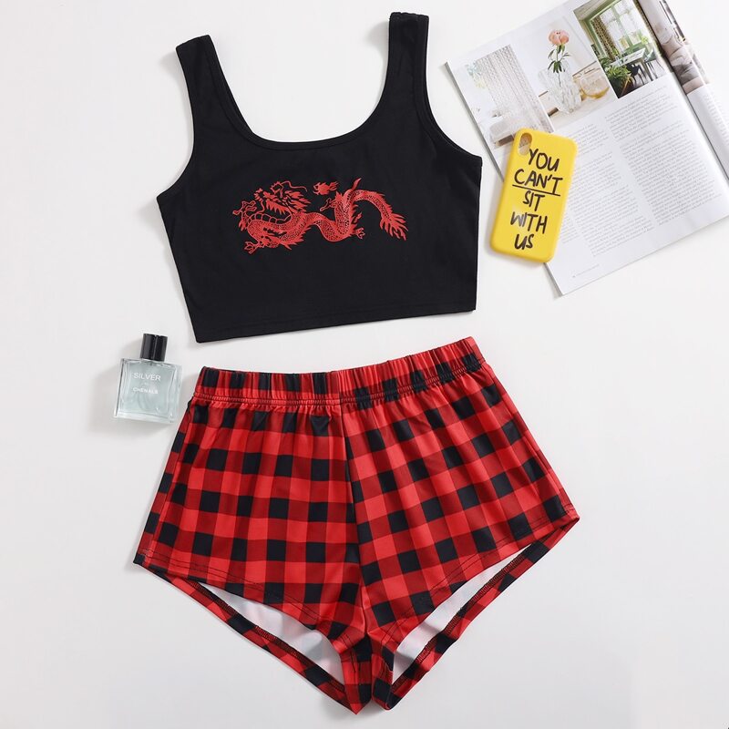 

Chinese Dragon Plaid Shorts PJ Set, Multicolor
